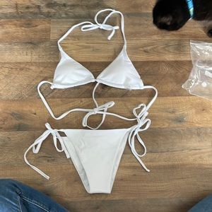 white bathing suit top and bottom, size small, cheeky